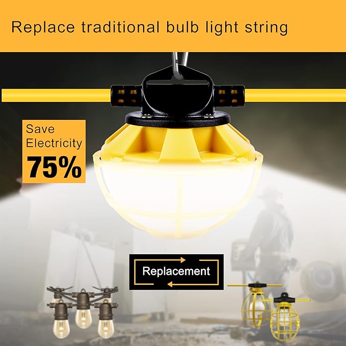 50FT Construction String Lights with Protective Cage, IP65 Waterproof LED String Work Lights, 5000K Daylight 18AWG Wire Linkable Temporary Construction Lighting for Jobsite with 5 Bulbs & Hooks