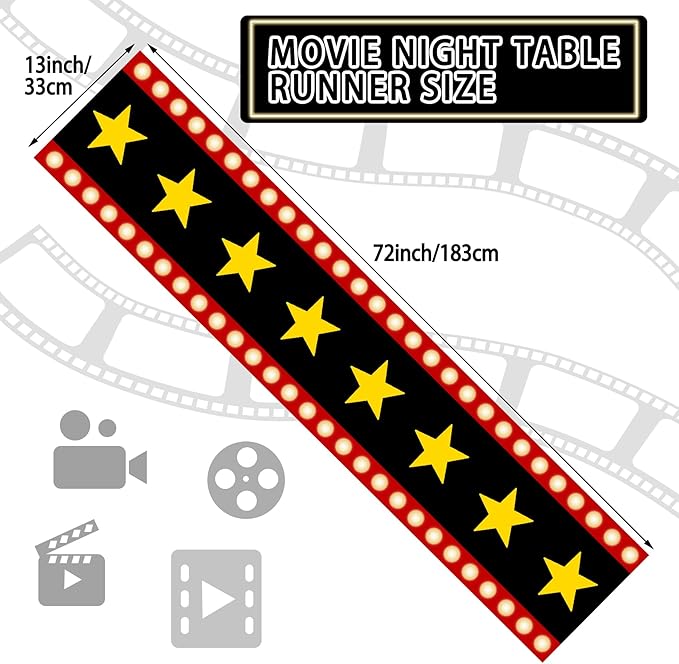 4 Pcs 13 x 72 Inch Movie Night Table Runner with Gold Star Design - Movie Night Black Carpet Decoration for Birthday Party Supplies （Black）