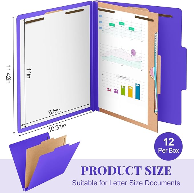 Skyygemm 12 Pack Classification Folders Letter Size Bulk with Divider and 2" Expansion, Pressboard Folder with 2 Prong Fasteners for Teachers, Clergy, Office, Church, Christmas Donations(Purple)