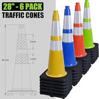6 Pack 28" Inch Large PVC Traffic Cones with Heavy-Duty Black Base, High-Visibility All-Weather Safety Cones for Road Construction, Parking Lot, Garage Use (6, Green, 28" Large)