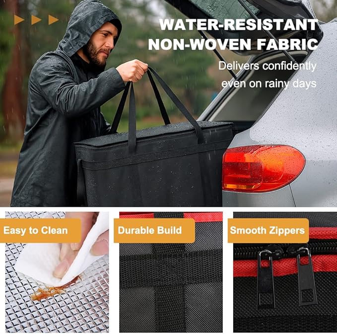 mosago 2PK Insulated Food Delivery Bag - Reusable Thermal Cooler Grocery Bags for Catering & Delivery, Pizza Carrier for Events, Large Capacity Bag Keeps Food Hot/Cold, Commercial, Black with Red Trim