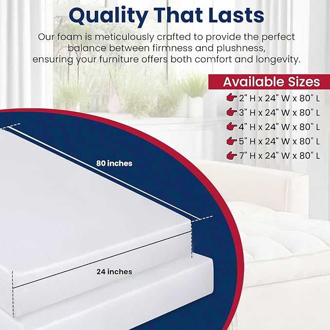 RaceCityFoam High Density Upholstery Foam Cushion Ultra Firm 3"T x 24"W x 80"L 50ILD - CertiPUR-US Certified Foam Cushions - Upholstery Foams for Reupholstering, Seat Cushions - Made in USA
