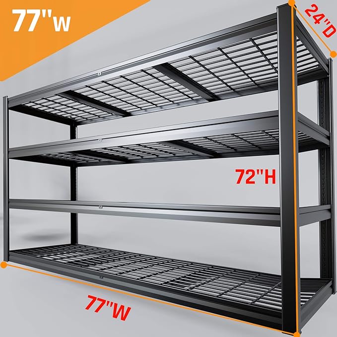 77" W Kitchen Storage Shelves Heavy Duty Garage Shelving 4 Tier Metal Shelving Unit, Adjustable Shelves, 3800LBS Steel Industrial Shelving for Basement， Commercial, 77" W*24" D*72”H, 2 Pack