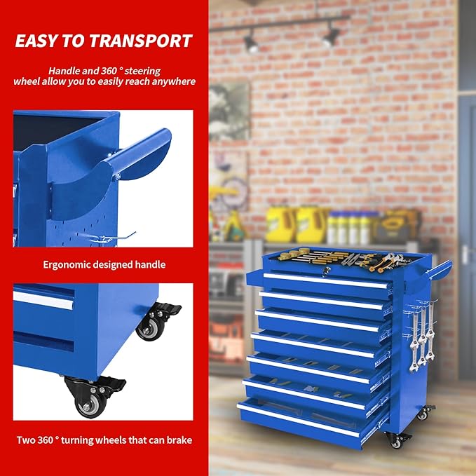 7-Drawer Tool Chest with Wheels & Drawers, Toolbox Organizer Storage for Garage, Suitable for Moving/Gift/Daily Use(Blue)