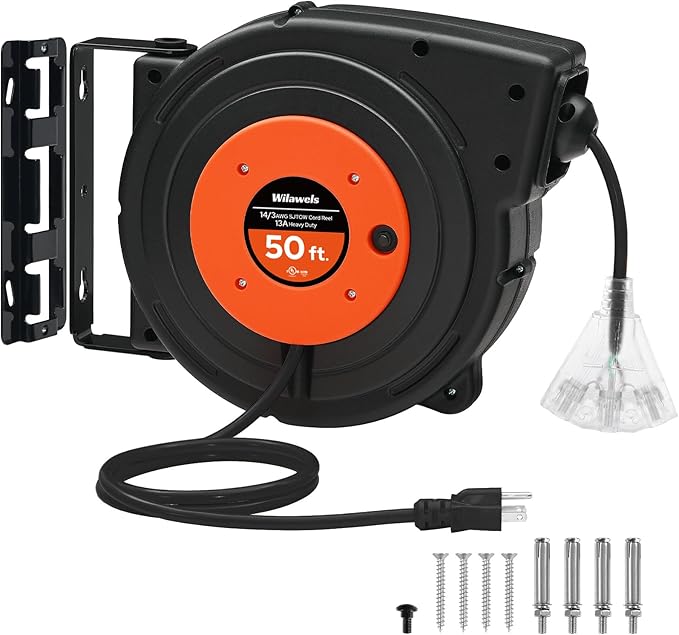 Retractable Extension Cord Reel, 50 FT Heavy Duty Power Cord, 14AWG/3C SJTOW, 3 Grounded Outlets Lighted Triple Tap, 13 Amp Circuit Breaker, UL Listed, Orange B50CR06