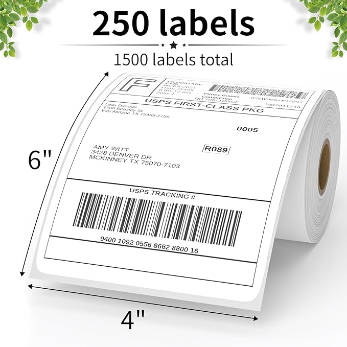 FungLam 6 Rolls 4"x6" Thermal Shipping Labels, 250 Labels/1 Roll, 1" Core, Perforated, Address Mailing Shipping Labels Compatible with JADENS,Rollo, Zebra,iDPRT.