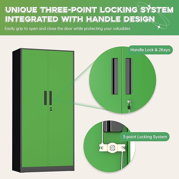 INTERGREAT Metal Storage Cabinet with Lock, 61" H Metal Cabinets Storage with 2 Doors and 4 Adjustable Shelves, Locking Garage Cabinet for Home Office, Kitchen, Bathroom (Black Green)