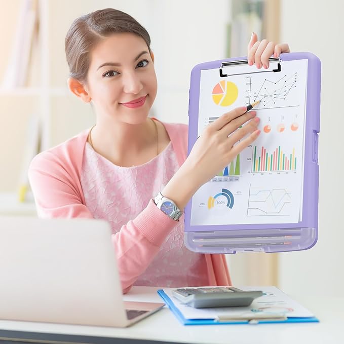 Plastic Clipboard with Storage, 8.5 x 11 Storage Organization Box Side-Opening, Heavy Duty Clip Board with Pen Holder and Paper Folder for Nurses, Teachers, Office & School Supply, Purple
