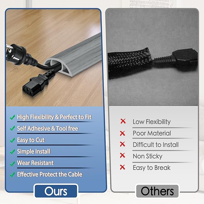 Floor Cord Cover for Wires on Floor Self Adhesive Cord Hider Floor Cable Management Wire Covers for Cords Protector Prevent Cable Trips Cord Cavity W 0.47" x H 0.27", Gray Wood, 10Ft