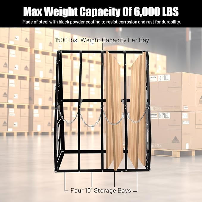 1500LBS Vertical Bar Rack Standing Storage Rack, 47" W x 24" D x 60" H Steel Vertical Long Parts Storage Rack with Galvanized Chains & 2 Side Pegboards, 4 Bays Lumber Storage for Garage Storage
