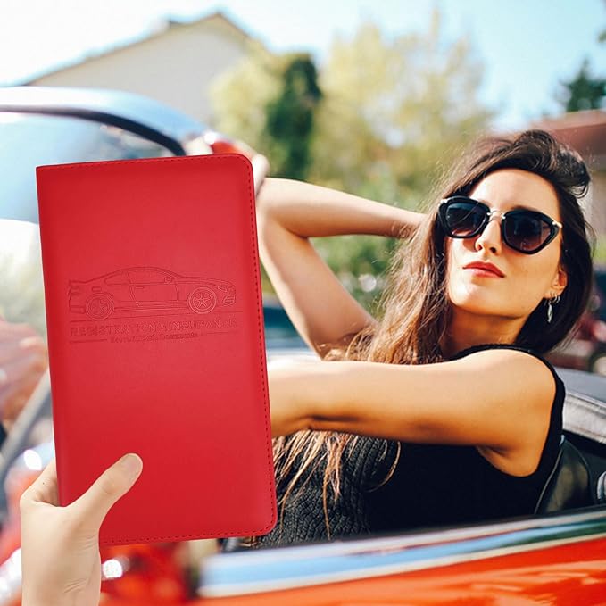 Car Registration and Insurance Card Holder, Leather License Document Red Glove Box Compartment Organizer, Car Wallet Case for Essential Info, License Cards, ID Card