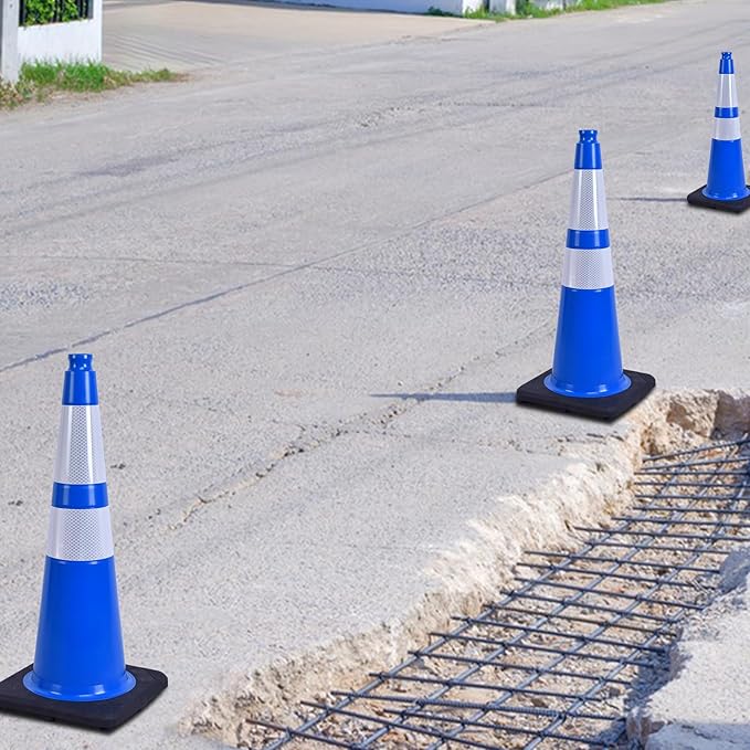 8 Pack 28 Inch Blue PVC Safety Cones Weighted Black Base, Perfect for Sports Field Dividers, Warehouse Use, Parking Management, Road Safety (8, Blue, 28 Inch)