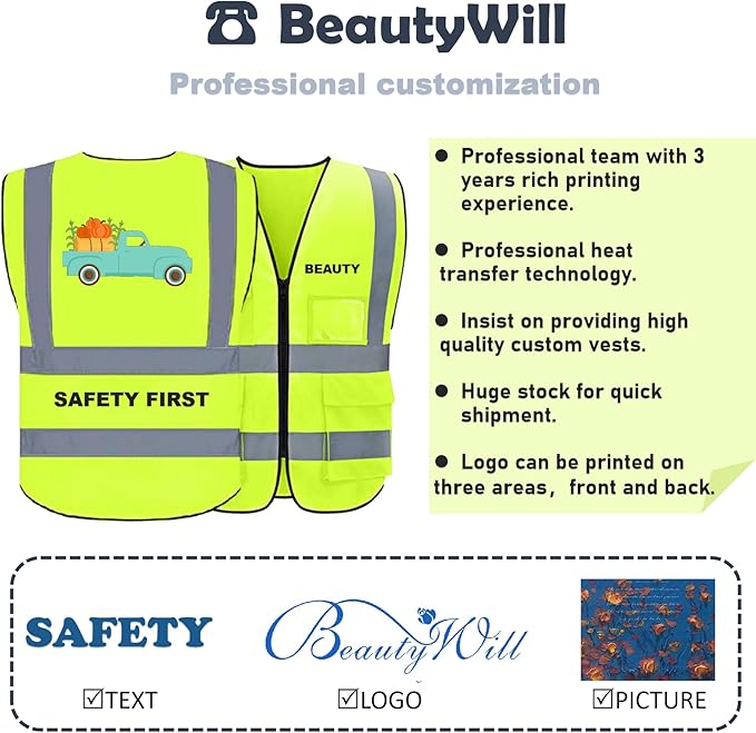 BeautyWill Custom Logo Safety Vest Class2 High Visibility Reflective Vest Breathable Construction Vest
