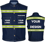 YOWESHOP Men's Reflective Safety Denim Vest，Custom Safety Outdoor Denim Work Vest with Hi-Vis Stripes for Night Commute