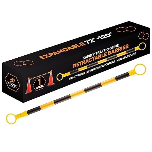 Retractable Barrier for Safety Traffic Cones - 2" OD - Large Yellow and Black Bar Barricade - for Road Construction, Parking, Warning, Temporary Security Divider (1, Yellow & Black, 72" x 120")