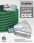 6Ft 12/3 Outdoor Extension Cord with 3-Outlets, Heavy Duty 12 Gauge 3 Prong Extension Cord Waterproof with Lighted end, 15A 12AWG 1875W SJTW, ETL Listed - Great for Garage, Garden and Home, Green