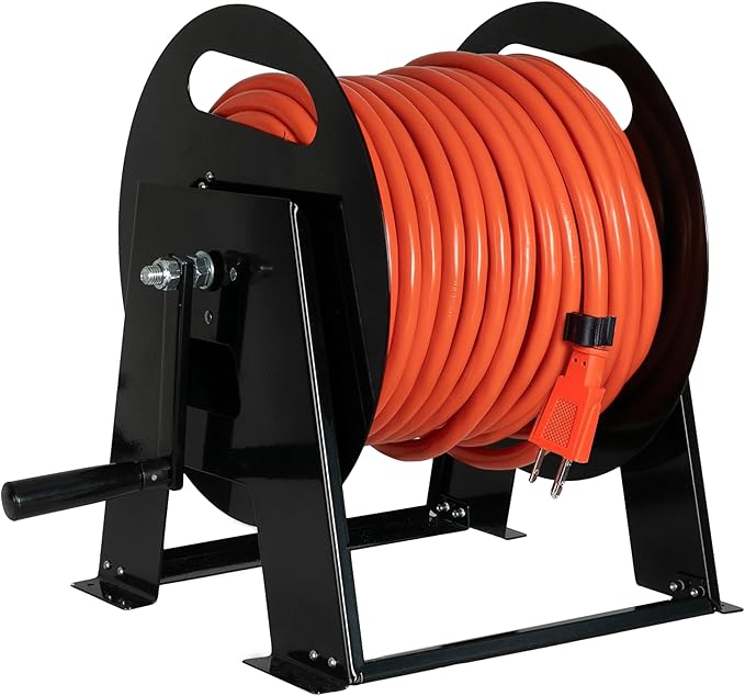 Iron Forge Cable RV Power Cord Reel Metal - Heavy Duty Extension Cord Reel, Holds 50ft 50 Amp RV Wire - Ball Bearing Spin, Powder-Coated Black Steel Frame, Floor or Wall Mountable Base