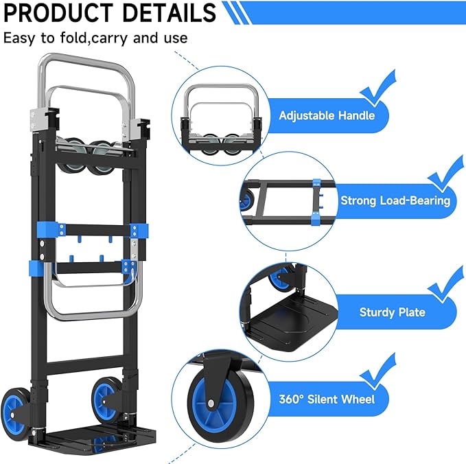 3-in-1 Heavy Duty Folding Hand Truck, 500LB Capacity Convertible Steel Dolly Cart with 360° Swivel Wheels & Telescopic Handle, Foldable Utility Wagon for Moving, Warehouse and Shopping