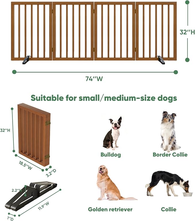 Dog Gates for Doorways, Tall Dog Gate Indoor, Foldable Pet Gates for Doorways Bedroom, Freestanding Puppy Gate with Metal Support Feet, Room Divider 4 Panels (Walnut)