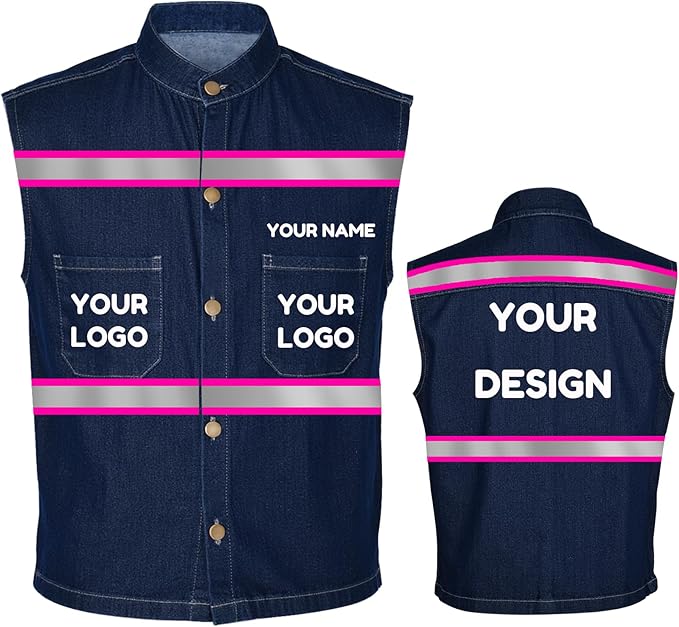 YOWESHOP Men's Reflective Safety Denim Vest，Custom Safety Outdoor Denim Work Vest with Hi-Vis Stripes for Night Commute