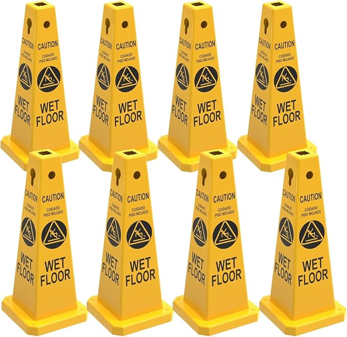 Caution Wet Floor Sign, 26.4-Inch Safety Cone, 8 Pack Yellow Plastic, High-Visibility, Non-Fading, Slip-Resistant Base, Stackable, Indoor Outdoor Warning Sign