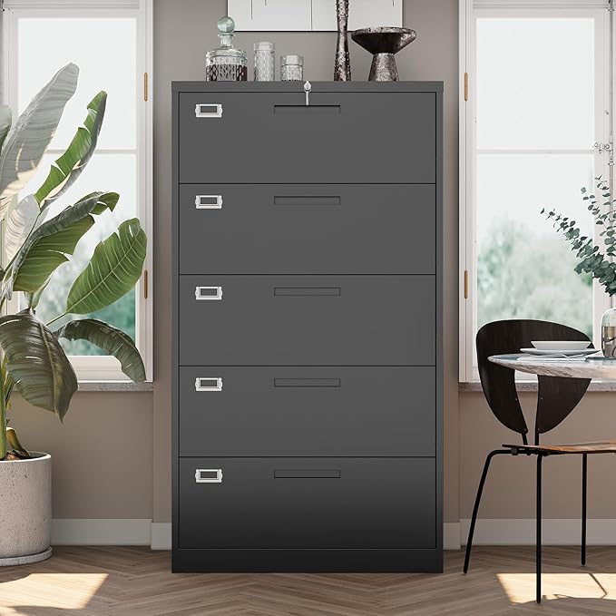 File Cabinet 5 Drawer, Lateral Filing Cabinet with Lock, Metal File Cabinets for Home Office, Office Cabinet for Hanging Files Letter/Legal/F4/A4, Assembly Required, Black