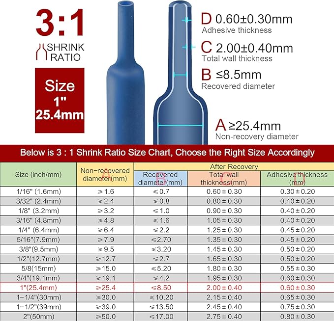 Chanzon 3:1 Ratio - 80ft Roll - Heat Shrink Tubing 1" (25.4mm) - Marine Grade Waterproof Adhesive Lined - (25M Total Length) Blue Polyolefin Sleeving Wrap Shrinking 3 to 1 Ratio 1pcs
