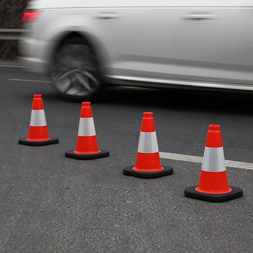 Fluorescent Orange/Green PVC Traffic Cones, Heavy Black Base Parking Lot Cone Structurally Stable Weatherproof Road Construction Safety Cones (8, Orange, 12" Small)