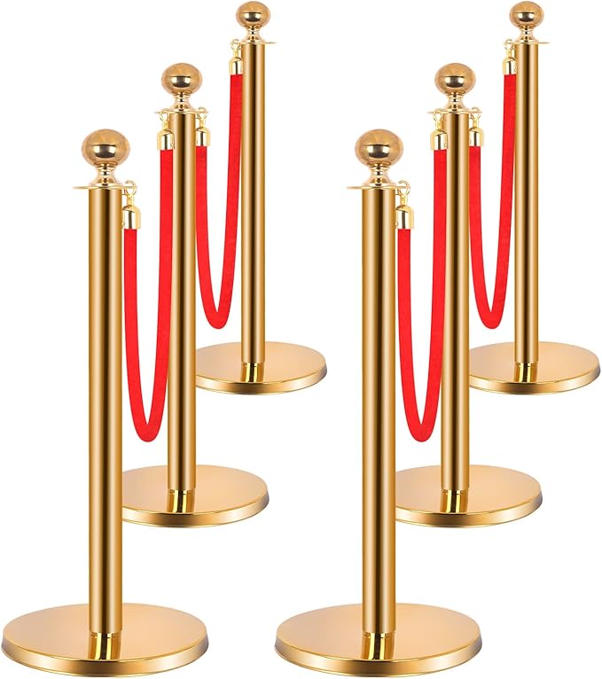 6PCS Stainless Steel Stanchions w/ 4 Red Velvet 5ft Carpet Ropes - Hollow Base for Red Carpet Queue - Crowd Control Barriers Ideal for Party, Wedding, Hotels, Exhibitions - Gold
