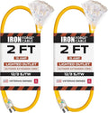 Iron Forge Cable 2 Pack 2 Foot Lighted Outdoor Extension Cord with 3 Outlets - 12/3 SJTW Heavy Duty Yellow Extension Cable 3 Prong - Multiple Outlets