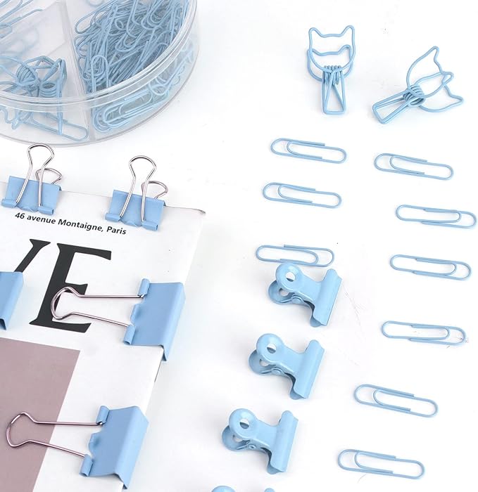 Blue Paper Clips and Binder Clips Set, Metal Assorted Sized Binders with Push Pins, Cute Office Supplies for Desk, Desk Accessories