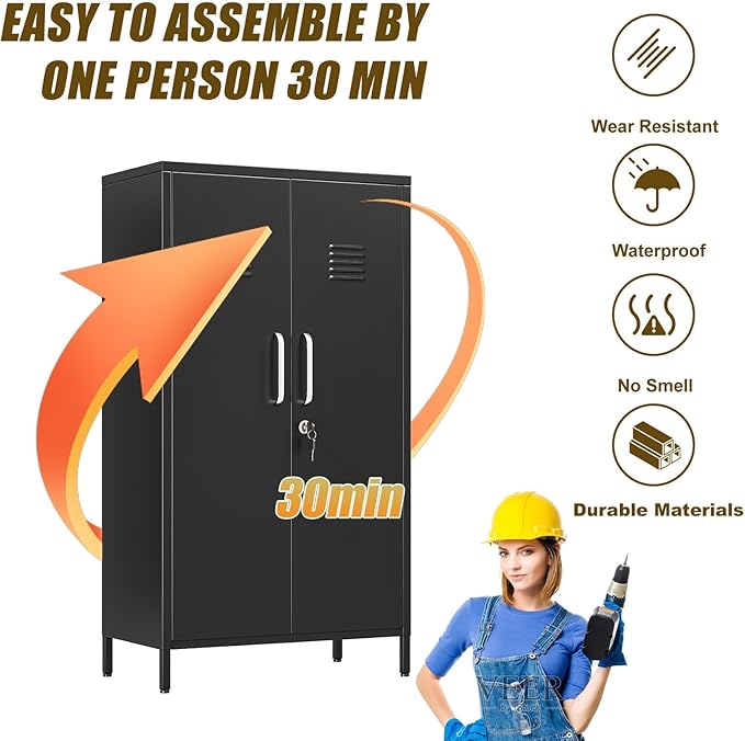 Metal Locker Cabinet, 27" W Bathroom Storage Cabinet, Vertical Steel Storage Cabinet with Locking Door and 3 Adjustable Shelves, Garage Tool File Lockers for Home Office, Garage, Bathroom, Black