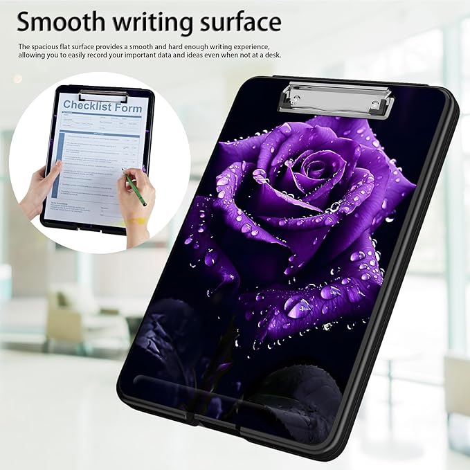 Clipboard with Storage,Office Supplies Nursing Clipboards Folder with Pen Holder Plastic Foldable Clip Board with Storage for Nurse Teacher,Purple Rose