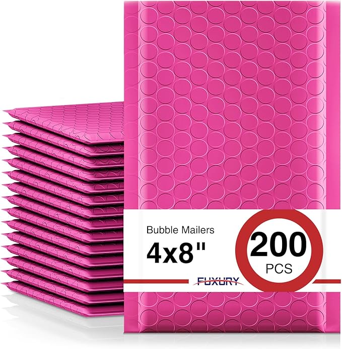 Fuxury Pink Bubble Mailers 4x8" 200 Pack Usable Size 4x7" Waterproof Padded Envelopes Self Seal Bubble Envelopes Padded Mailers for Small Business Envelope Mailers