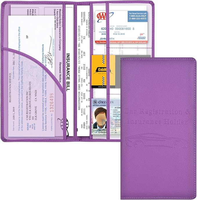 Cacturism Car Registration and Insurance Card Holder, Vehicle Glove Box Car Organizer Women Car Accessories with Magnetic Shut for Cards, Essential Document, Driver License, Purple