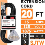 EP 20 Ft 12 Gauge Heavy Duty Extension Cord, 15A 125V 1875W, 3 Outlet Indoor/Outdoor Power Cord with Lighted End, 12/3 SJTW Weatherproof Black, UL Listed
