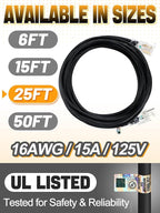 Lighted End Heavy Duty Outdoor Extension Cord Waterproof -16AWG, 3 Prong, 15A, 1875W, Flexible Black Power Extension Cord for Outsides, 25ft