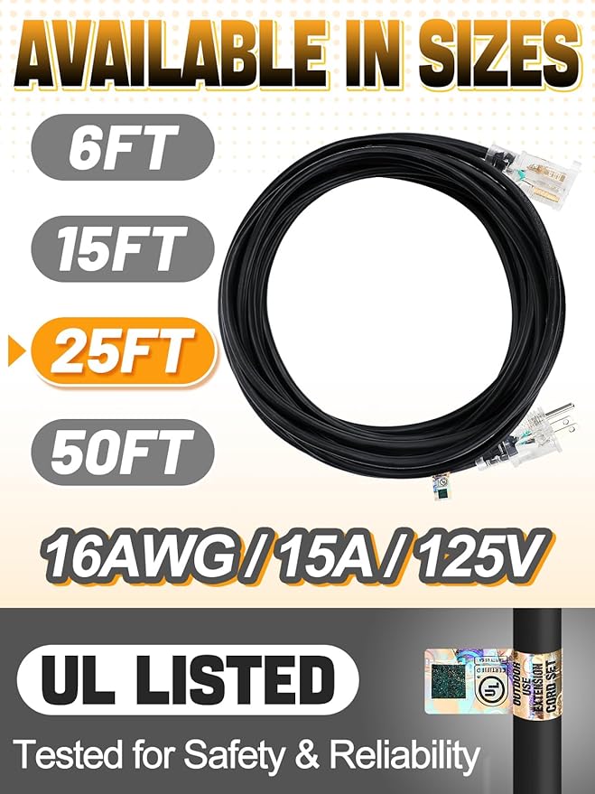 Lighted End Heavy Duty Outdoor Extension Cord Waterproof -16AWG, 3 Prong, 15A, 1875W, Flexible Black Power Extension Cord for Outsides, 25ft
