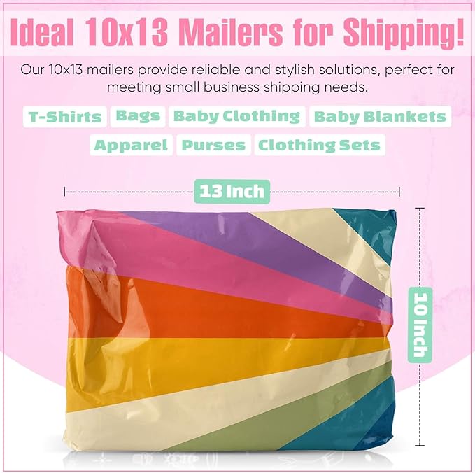 10x13 Poly Mailers – Retro Rainbow – Waterproof, Tear-Resistant Shipping Bags with Adhesive Seal – 25 Pack – Package Mint