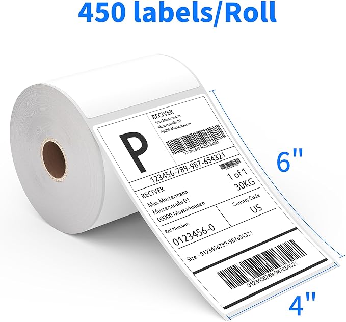 FungLam 4"x6" Direct Thermal Shipping Labels, 450 Labels Per Roll, 12 Rolls,1" Core, Perforated, White Mailing Postage Shipping Label Compatible with Zebra 2844 ZP-450 ZP-500 ZP-505
