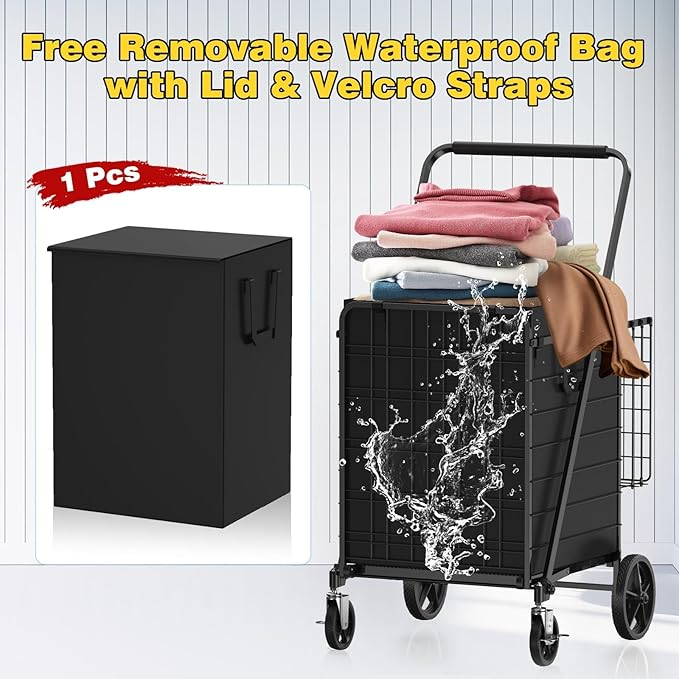 4.7 Cu Ft Folding Shopping Cart - 480 LB Capacity Grocery Cart with 360° Braked Swivel Wheels - Heavy Duty Utility Cart with Double Basket & Removable Waterproof Liner with Lid for Laundry