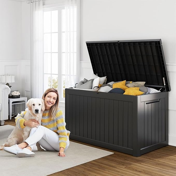 280 Gallon Resin Deck Box, Lockable Patio Outdoor Storage Box for Furniture, Garden Tools and Tools Storage, Waterproof Outside Storage Boxes - Black