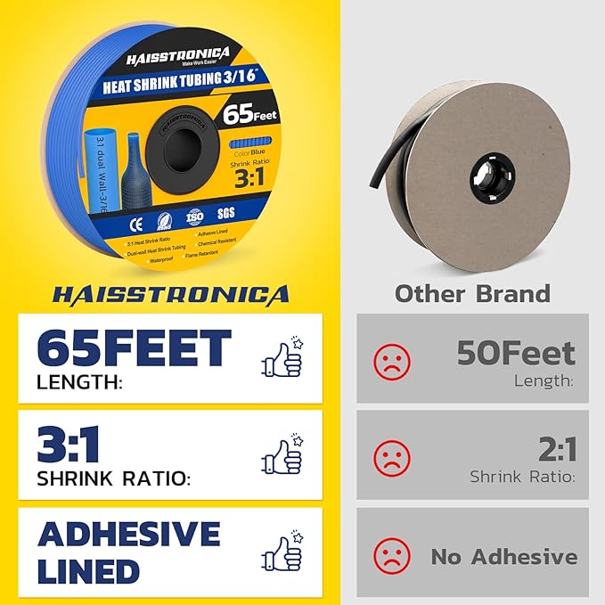 haisstronica 3:1 Heat Shrink Tubing, Shrink Ratio Adhesive Lined Marine Grade Heat Shrink Tube for Home, Automotive and Industrial (Blue) 65FT 3/16inch