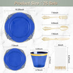175PCS Clear Blue Plastic Plates for 25 Guests, Disposable Plates with Gold Trim include 25 Dinner and Dessert Plates, 75 Gold Silverware, 25 Cups, 25 Napkins for Party, Wedding & Graduation