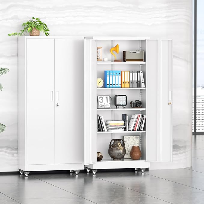 Superday Garage Storage Cabinet with Wheels，73" H Metal Storage Cabinet with Doors and Adjustable Shelves, Lockable Steel Utility Tool Cabinets for Garage, Home Office, Kitchen(White)