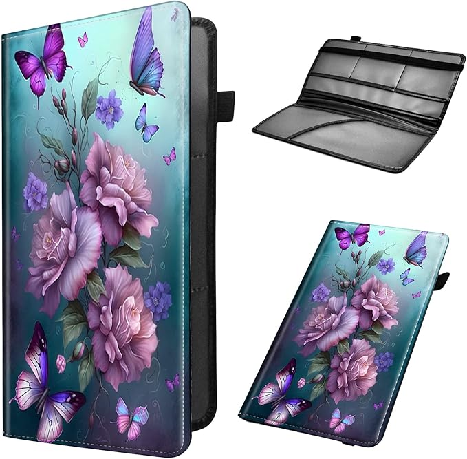 Car Registration and Insurance Holder, Leather Car Glove Box Organizer, Cool Car Accessories for ID, Driver's License Cards & Essential Document, business cards, Men&Women,Pink Butterfly Flower
