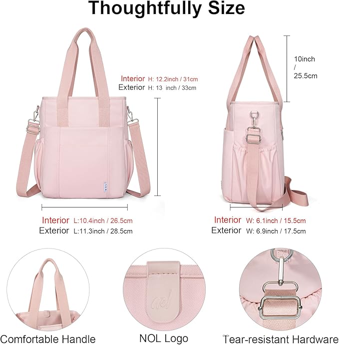 NOL Insulated Lunch Bag for Women, Large Spacious Lunch Tote Bag With Removable Adjustable Shoulder Strap with Multi Pockets,Leakproof Cooler Bag,Lightweight Nylon Waterproof Lunch Box For Work,Pink