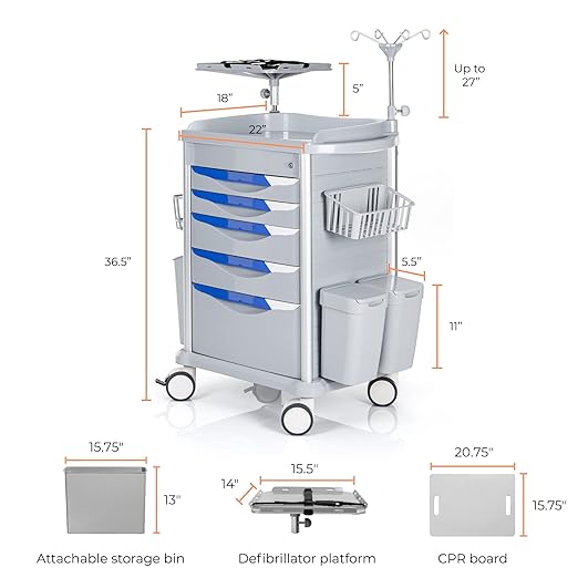 Stand Steady Emergency Crash Cart | Mobile Medical Cart with Drawers & Customizable Storage Bins | Medical Supply Cart with IV Pole, Cardiac Board, O2 Holder & UL-Safety Power Strip | Easy Assembly