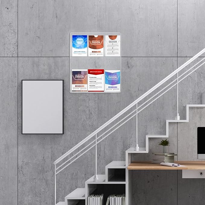 Eersida Acrylic Brochure Pamphlet Holder Brochure Display Stand Business Tri Fold Multi Slot Holder Rack Wall Mount Clear Pocket Space Saver for Flyer Literature Menu Advertise(6 Pockets)