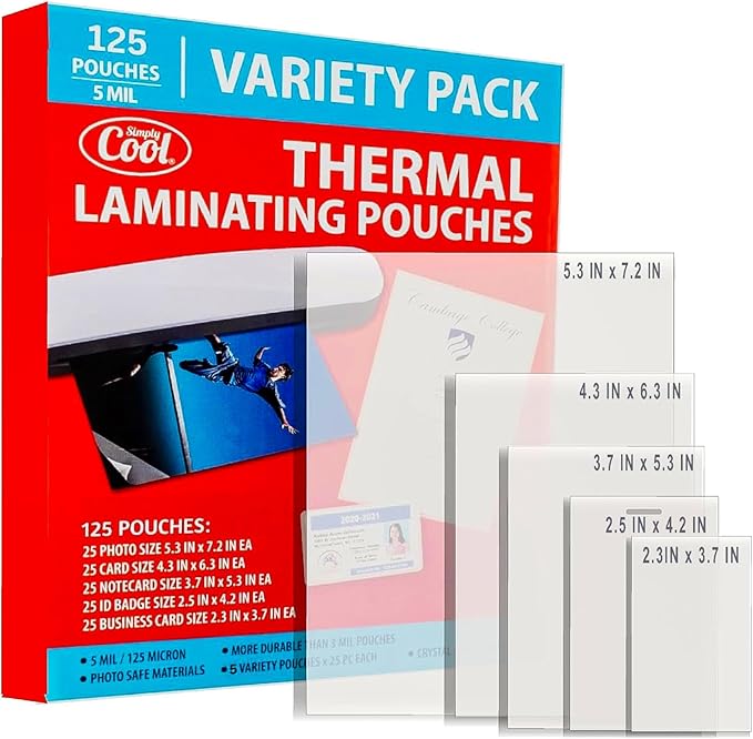5MIL Thermal Laminating Sheets (125 Count) Photo, Card, Notecard, ID Badge, and Business Card Sizes, Dry-Erase Friendly Laminating Pouches, Compatible with Laminators, Crystal Clear Laminated Finish